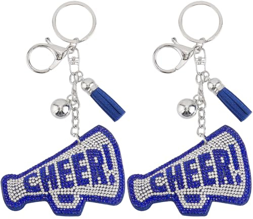 SOFPLATE 1 Box 2 Stück Cheer Schlüsselanhänger Megafon Schlüsselanhänger Blau Groß Glitzernd Wort „Inspiration“ Legierung Schlüsselanhänger Quaste Cheerleading Schlüsselringe Für Autoschlüssel Damen H