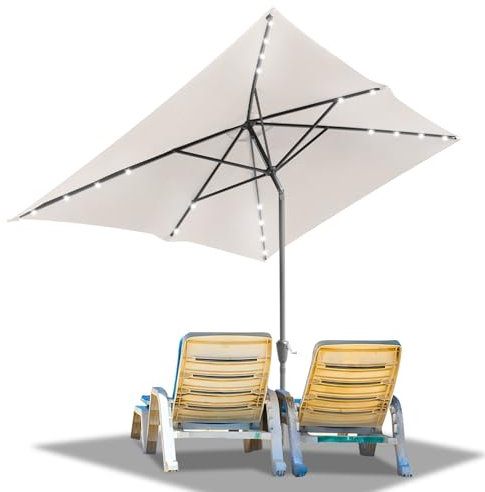 Ollewiellan Sonnenschirm LED Solar 300 x 200 cm Beige mit Kurbel | Sonnenschirm Rechteckig Ampelschirm Gartenschirm Terrassenschirm Sonnenschutz UV50+, Knickbar wasserdicht für Garten, ohne Ständer