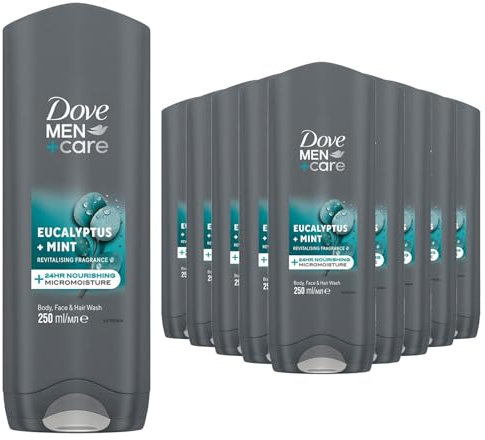 Dove Men +Care Eucalyptus + Mint 3-in-1 Hair, Face and Body Wash Shower Gel, Pack of 12, 24 Hour Micro Moisture Technology Body Cleanser That Invigorates and Refreshes 250 ml