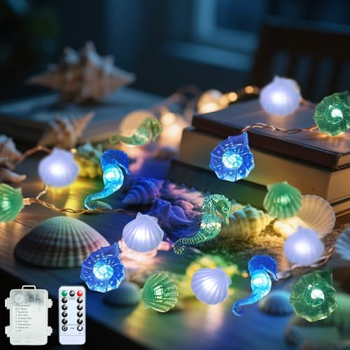 Lichterkette Meerestiere, 3M 20LED Lichterkette Innen Muscheln Maritime Deko Lichterkette Fenster mit Fernbedienung Batteriebetriebene Lichterketten Vorhang Lichterkette Balkon für Sommer Deko (F)