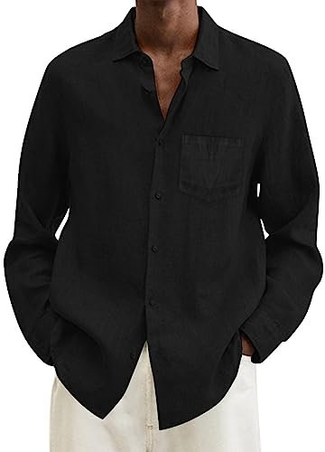 Uomo Camicia Lino Cotone Leggera Risvolto Camicia da Spiaggia Casual Cotone E Lino Comode Henley Shirts Coreana Traspirante T-Shirt da Uomo Tinta Unita Maniche Lunghe con Bottoni Hawaii in Maglietta