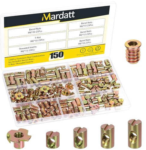 Mardatt 150 Stück M6 x 10/12/15/20mm Barrel Nuts Fassmutter, gelb verzinkter Kohlenstoffstahl KreuzDowels Schlitzfassmutter, M6 x 15mm Gewindeeinsätze mit M6 x 10mm T-Muttern Kit