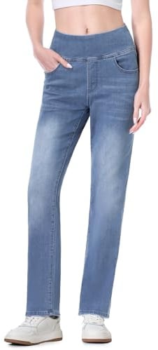 Chasehot Straight Jean Femme, Pull on Jeggings Taille Haute et Jambes Droites avec Poches,Mode Slim Fit Pantalon Denim Leggings Large Stretch