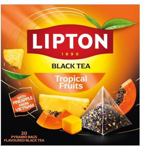 Lipton Tropical Fruits Schwarztee mit Ananas & Mango, 20 Teebeutel | Aromatisierter Schwarztee, exotische Früchte, Rainforest Alliance zertifiziert, pflanzenbasierte Teebeutel, intensiv