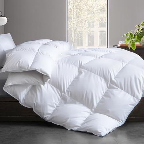 Feather and Down Fiber Comforter Insert Queen Size, 100% Cotton Cover, All Season White Duvet Insert, Fluffy Soft Hotel Luxury Bedding for Bedroom, 90 x 90 Inches