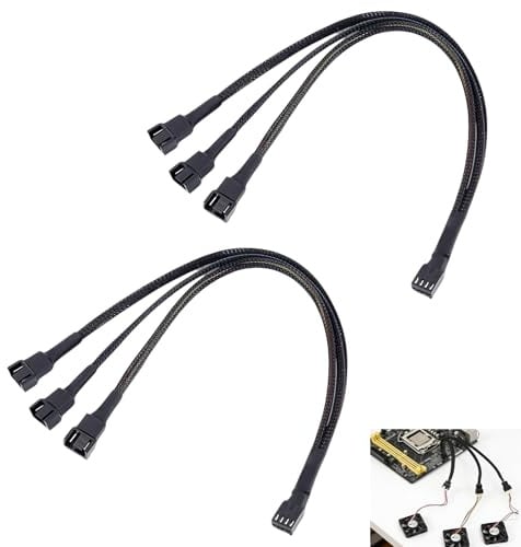 2 Piezas Cable Divisor PWM 1 a 3 Vías, Splitter ventilador PC, Splitter de 4 Pines Compatible con Ventiladores 3 y 4 Pines, Cable Extensión 27 cm Funda Trenzada para Caja, CPU Refrigeración Ordenador