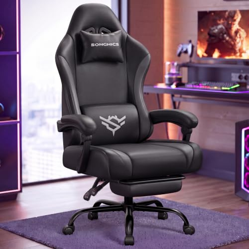 SONGMICS Gaming Chair, PU Leather Ergonomic Computer Chair, with Footrest and Lumbar Support, 90°-135° Reclining, 70 x 70 x (120-130) cm, Black, Grey, for Home Office, Cathy Collection OBG091BH01
