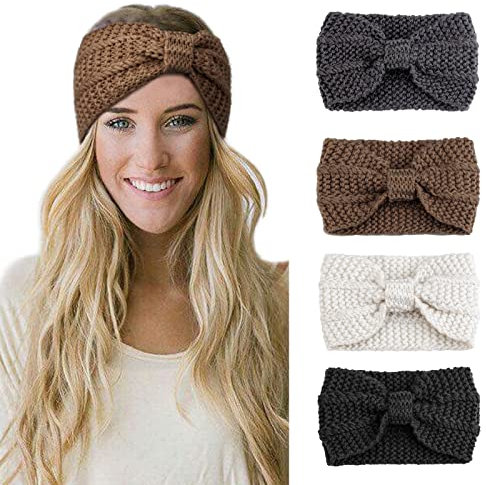 DRESHOW 4 Pack Crochet Knit Turban Headband Warm Bulky Crocheted Head Wrap Headband Ear Warmer for Women