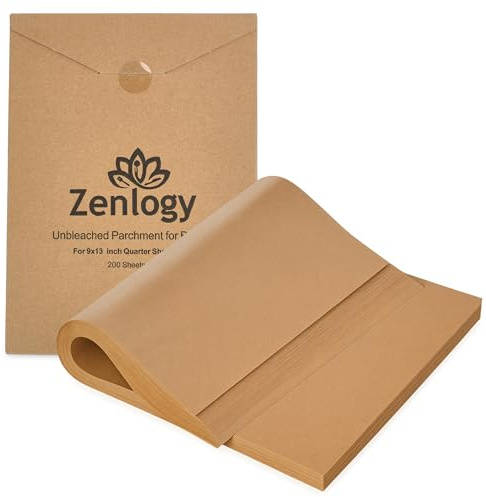 Zenlogy 22,9 x 33 cm Pergamentpapier (200 Blatt) – ungebleicht, hohe Hitze, antihaftbeschichtet, vorgeschnittenes Backpapier für Viertelblechpfannen – ideal zum Backen, Braten, Verpacken, Dörrautomat