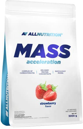 ALLNUTRITION Mass Acceleration Gainer Nahrungsergänzungsmittel - Kohlenhydrat- und Tierisches Protein Pulver für Muskelaufbau & Leistungssteigerung - Glutenfrei - 3000g - Strawberry