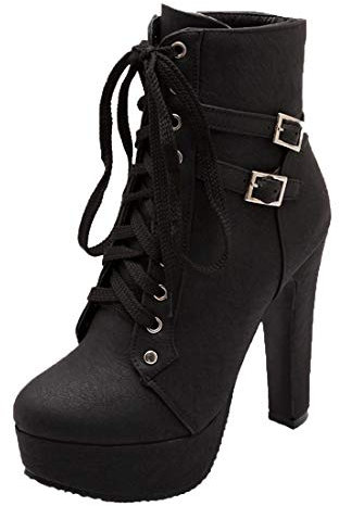 MISSUIT Damen Schnür Plateau Stiefeletten High Heels mit Schnürung und Blockabsatz Ankle Boots Kurzschaft Stiefel(Schwarz,35)