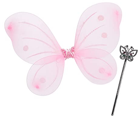 Relaxdays 2 x Feenflügel mit Zauberstab, Fee Kostüm Kinder, Flügel & Zepter, Elfen Kostüm Glitzer, Mädchen, Feenset, pink & Silber