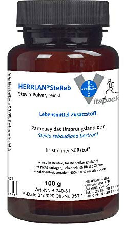 HERRLAN® SteReb Stevia Pulver 100 g – Rebaudiosid A >99,9% kristallin - Hochreiner kalorienfreier Süßstoff – ohne Zusätze - Made in Germany – Food Grade Qualität