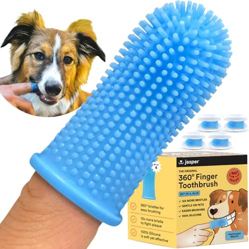 Jasper Dog Toothbrush, 360º Finger Toothbrush Kit, Ergonomic Design, Full Surround Bristles for Easy Teeth Cleaning, Dental Care for Puppies, Cats and Small Pets, Blue 4-Pack