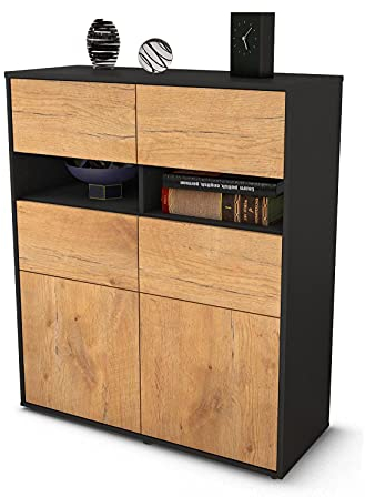 Stil.Zeit Highboard Karlotta, Korpus anthrazit matt, Front Holz-Design Eiche (92x108x35cm), Push-to-Open Technik & Leichtlaufschienen
