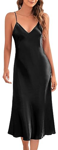 Marvmys Satin Nightdress for Women UK Long Negligees Strap Chemise Nighties for Ladies V Neck Full Slips Sleepwear Black XL
