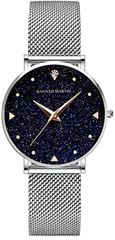 Orologio da donna Zwini, impermeabile 3 atm, al quarzo, da donna, con cinturino in maglia in acciaio inox oro rosa con elegante quadrante blu a motivo cielo stellato (Argento)