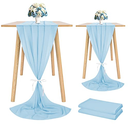 Showgeous 2 Stück Chiffon Tischläufer, 28 x 120 Zoll, romantischer Hochzeitsläufer, 10 Fuß, Babyblau, transparent, Chiffon, Tischdecke, Schminktischläufer für Hochzeit, Geburtstag, Party, Braut
