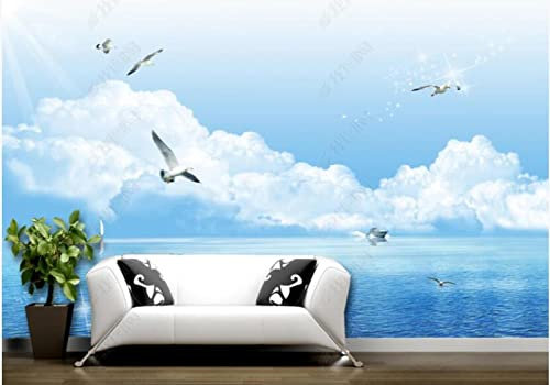 Wesmilewallpapaer Fototapete 3D Tapete 150x105cm Meer, Blauer Himmel, Weiße Wolken, Möwe, Yacht, Seestück Vliestapete Wandbelag Wanddeko