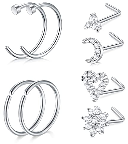Mayhoop 20G Nasenringe Nasenstecker Nasenpiercing Chirurgenstahl mit funkelnden Diamanten Herz L-förmig Nasenschraube für Damen Herren 8St