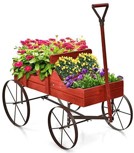 GiantexUK Wooden Wagon Garden Planter, Flower Cart (Red) | Outdoor & Indoor Decorative Wheelbarrow Flower Pot Stand with Long Handle and Flexible Wheels