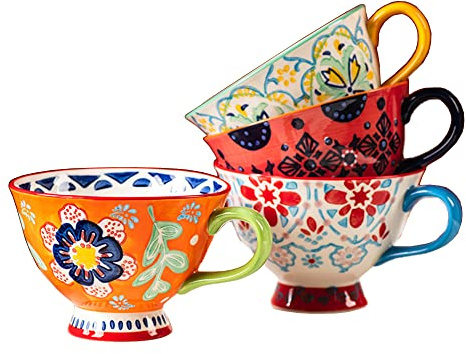 Bicuzat Hand-Painted Ceramic Coffee Mug with Large Capacity Floral Pattern, Jumbo Tea Cup, Milk, Cereal, Breakfast Cup for Home and Kitchen, 14 oz, Set of 4