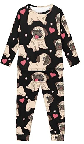 Dolyues 2er-Pack Kinder-Schlafanzug mit Taschen, langärmelige Pyjamas, Oberteile, Hemden & Hosen, mops, 5-6 Years