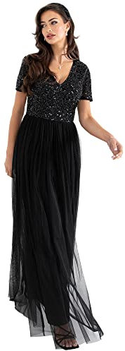 Maya Deluxe Women's Ladies Dress for Wedding Guest Plus Size Empire High Waist Sequins Short Sleeve Evening Bridesmaid, Black, 14
