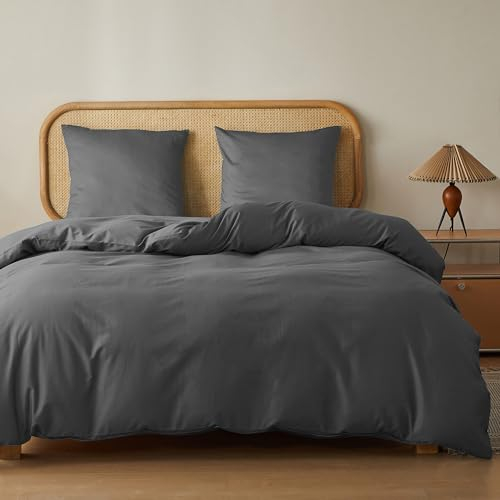 MR&HM Bettwäsche 155x220 3-teilig Baumwolle - Bettwäscheset aus 100% Baumwolle 155 x 220 x 1 Plus Zwei Kissenbezüge 80 x 80 mit Reißverschluss, weiche und komfortable Bettwäsche, Anthrazit