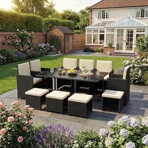 Garden Vida Cuba 10 Seater Rattan Set With Cover | Black | Outdoor Garden Patio Dining Table Set | Steel Frame & PE Wicker | Weather Resistant, Tempered Glass, Cushions, Chairs, Stools + Cover