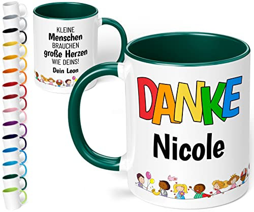 Kita Abschiedsgeschenk für Erzieherin: Kaffee-Tasse personalisiert mit Namen „Danke WUNSCHNAME – Kleine Menschen brauchen große Herzen wie Deins!“ - Dankeschön Kindergarten Krippe (Dunkelgrün)