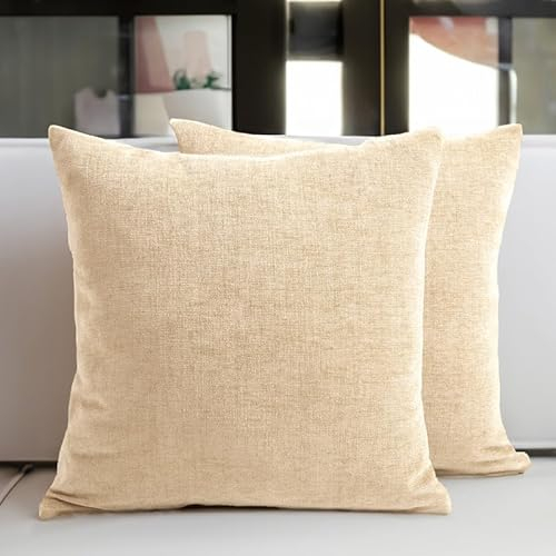 Encasa XO Chenille Kissenbezüge Set von 2 | Natural - (18x18) (45x45 cm) | Dekorative Akzent Quadratische Wurfkissenbezüge Für Couch, Heimdekoration, Sofa