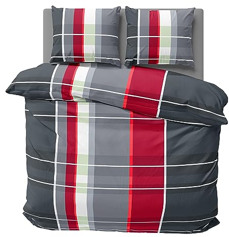 one-home Bettwäsche Mikrofaser Garnitur Bettbezug modern viele Muster mit Reißverschluss, Farbe:Kariert rot, Größe:3 teilig 240x220 cm
