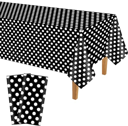 PLULON 2 Stück schwarz-weiß Gepunktete Tischdecke aus Kunststoff, 137 x 274 cm, rechteckig, Schwarze Tischdecke für Hochzeit, Geburtstag, Babyparty, Party, Picknick, Zuhause, Esstischdekoration