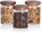 Sweejar Home Set of Three Cylindrical Bamboo Lid Models Embossed Glass Storage Jars (Begonia(wooden lid), 700ml)