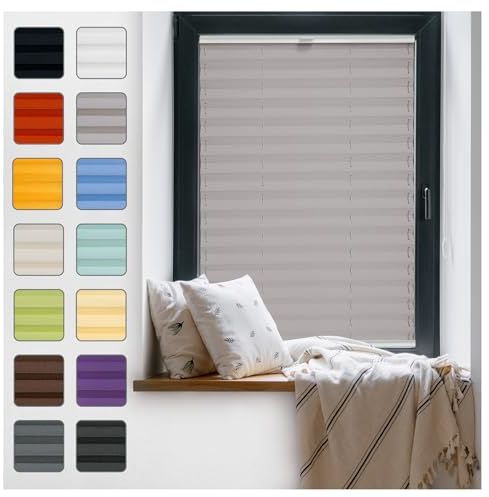 Fenster Plissee ohne Bohren zum Kleben Innenrahmen - Thermo Plisseerollo Innen - Rollo Jalousie, Halterungen auf Rahmen, Faltrollo, Sichtschutz, Blickdicht, für Fenster & Tür - Grau, 55 x 200 cm