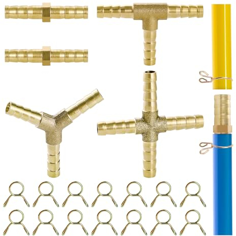 YIXISI 5 Pezzi 6mm 2/3/4 Vie Connettori per linea Carburante in Ottone, Raccordo Tubo del Carburante Barbiglio, con 14 Pezzi Morsetti, per Carburante, Aria, Acqua, Gas e Gasolio