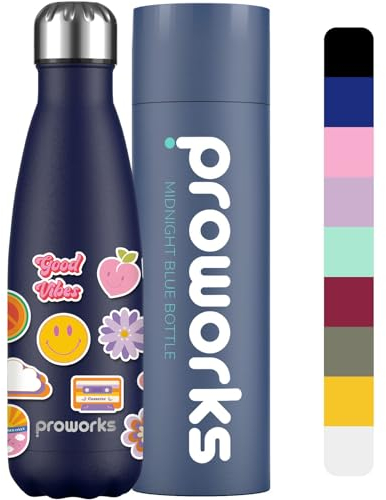 Proworks Stainless Steel Sports Mushroom Water Bottle | Double Insulated Vacuum Flask for 12 Hours Hot & 24 Hours Cold Drinks, Home, Work, Gym & Travel - 500ml - Midnight Blue - Retro Vibes