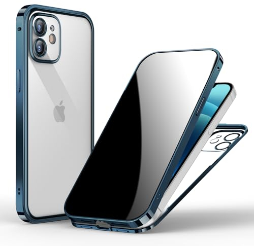 Privacy Case for iPhone 12 mini,Magnetic Double-sided Tempered Glass Case with Anti-peeping Screen Protector,Front & Back Metal Bumper/360 Full Cover Anti-Spy Phone Case for 12 Pro,Clear Blue