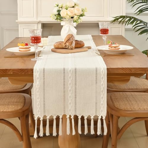 Alishomtll Gewebter Tischläufer Weiß Frühling Vintage Boho Modern mit Quasten Bauernhof Waschbar Tisch Deko für Esstisch Party Hochzeit 183x33cm
