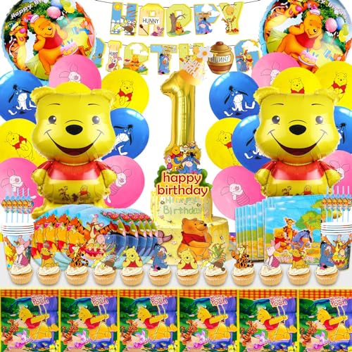101 Stück Winnie Pooh Deko Geburtstag 1 Jahr, Winnie Pooh Luftballons 1. Geburtstag, Winnie Pooh Partygeschirr, Tortendeko 1. Geburtstag Winnie Pooh, Deko 1. Geburtstag Mädchen Winnie Pooh