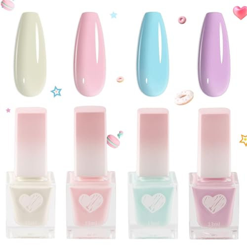 DMQ Pastel Nail Polish Kit, 4Pcs Spring Summer Nail Varnish Set, Candy Macaroon Unicorn Nail Gel Polish, Pink Yellow Blue Purple Quick Dry Nail Gel Nail Paint for DIY Nail Art at Home - No Need Cure