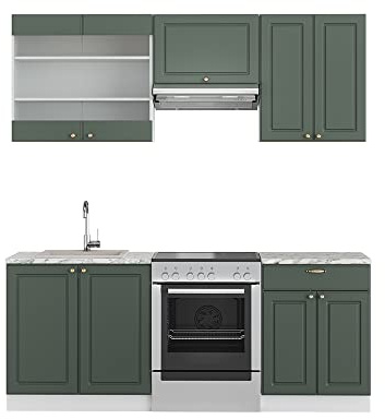 Vicco Küchenzeile Fame-Line, Grün-Gold Landhaus/Weiß, 200 cm | 5 Module · Höhenverstellbare Füße · Arbeitsplatte Marmor · MDF-Fronten · Softclose · Metallgriffe