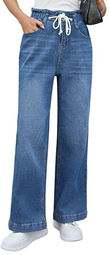 Roskiky Y2k Jean pour femme - Coupe large - Taille élastique - Coupe large - Taille élastique, Bleu classique, M