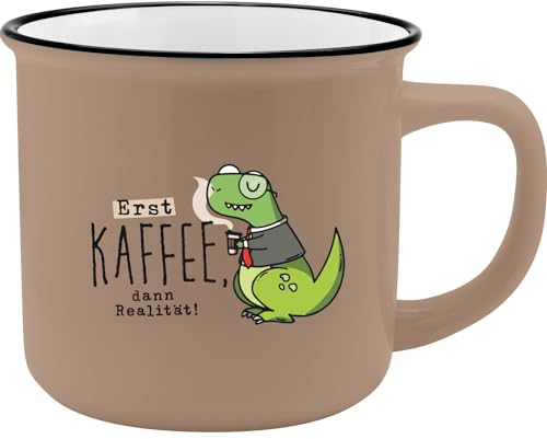 GRUSS & CO Becher mit Motiv Realität | New Bone China Porzellan, Emaille-Optik, 35 cl | Lustiges Geschenk, Frühstück | 73917