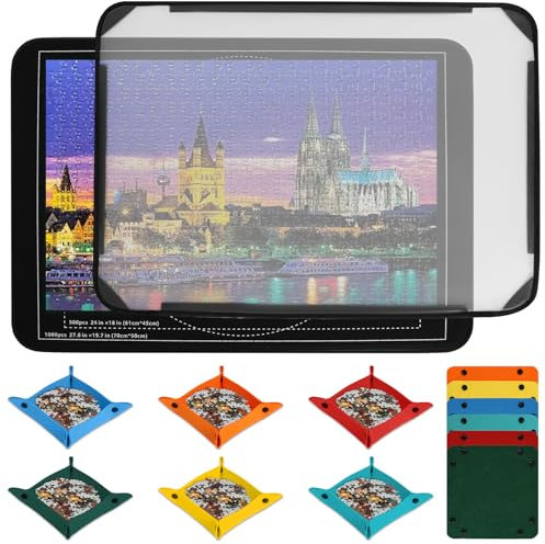 Jigsaw Puzzle Board, 33 x 22 Inche Foldable Jigsaw Board, Storage to 500 and 1000 Pieces with 6 Puzzle Sorting Trays and 1 Clear Dustproof Cover for Easy Use, Move and Store (Black)