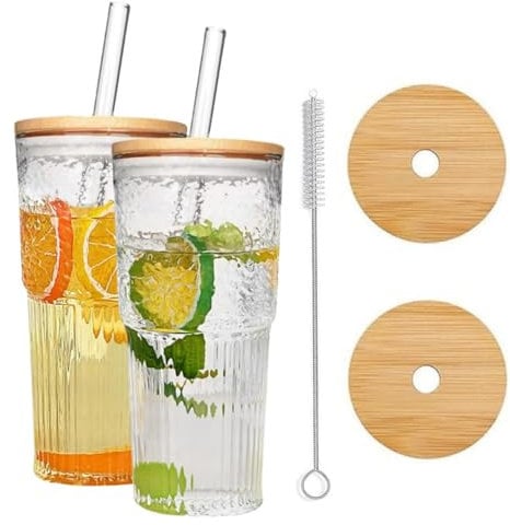MEETOZ 2 Set 650ml Finew Glass Cups with Bamboo Lids and Glass Straws,Reusable Can Shaped Glass Cups Set,for Smoothies, Beer, Cola, Juice, Soda