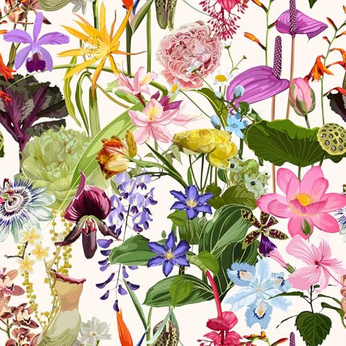 VEELIKE Papier Peint Fleuri Jardin Exotique Papier Peint Floral Papier Peint Feuilles Tropical 44,5 cm x 300 cm Papier Peint Adhesif Mural Botanique Papier Collant pour Meuble Chambre Salle de Bain
