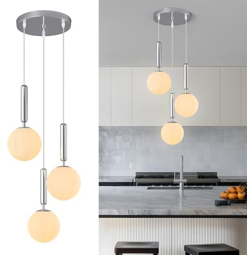 ZPBSJ Moderne Chromleuchte Pendelleuchte für Kücheninsel Mid Century Pendelleuchten mit Kugel milchig weißes Glas Pendelleuchte für Esszimmer Bad Eingang Schlafzimmer(3-Flammig)
