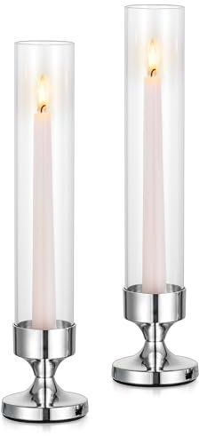 NUPTIO Silber Kerzenständer Glaszylinder Kerzenhalter: 2er Glas Stabkerzenhalter Stabkerzen Hochzeit Tisch mit Glasaufsatz Ohne Boden Windlicht Glas Zylinder Kerzenhalter Stabkerze Valentinstag 31cm